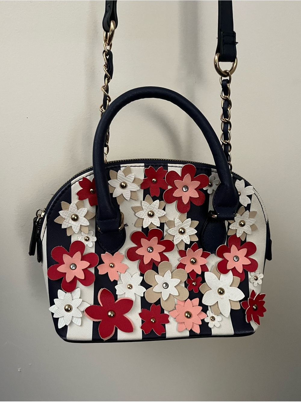 Aldo Black, White, Red & Pink Floral Top-Handle Crossbody